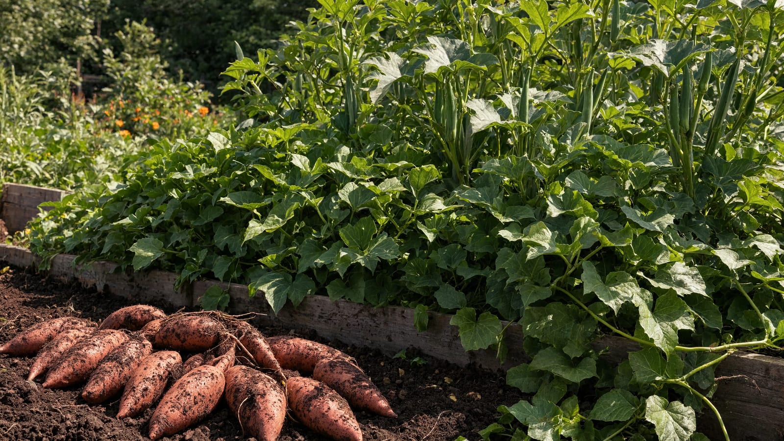 Sweet potato vines sprawling across a raised bed and spilling over its edge, with okra standing tall behind and harvested orange roots in front