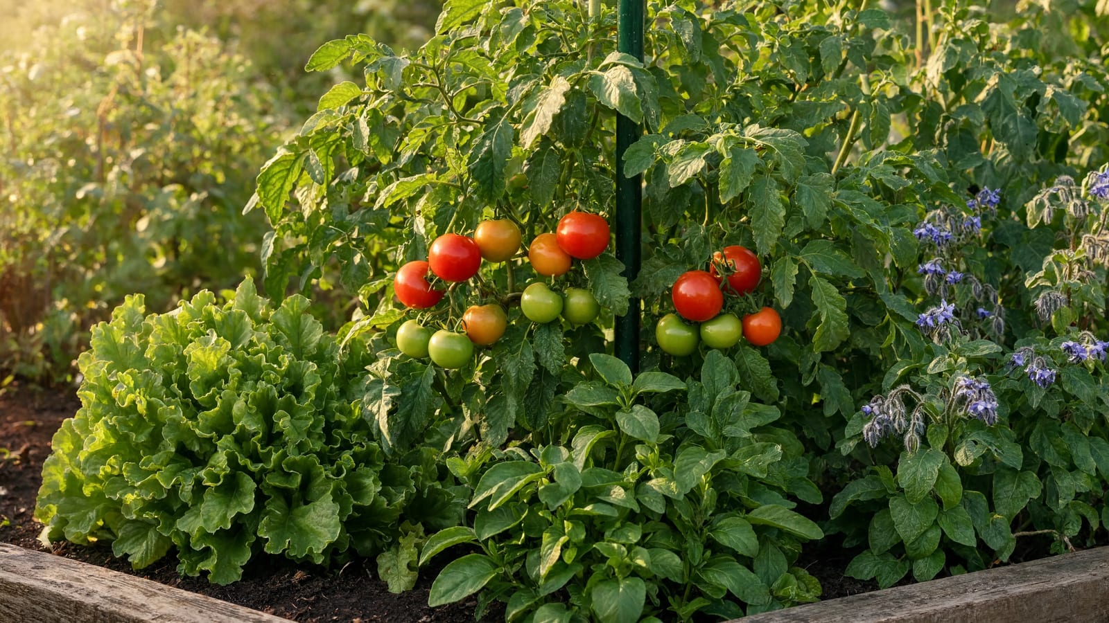 A staked tomato plant with ripening fruit, leaf lettuce growing in the shade beneath it, basil at its base, and blue borage flowers at the bed edge