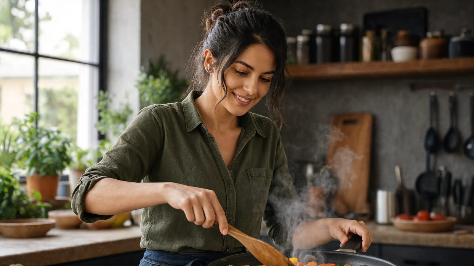 A cook sautéing fresh broccoli and peppers in a pan on the stove