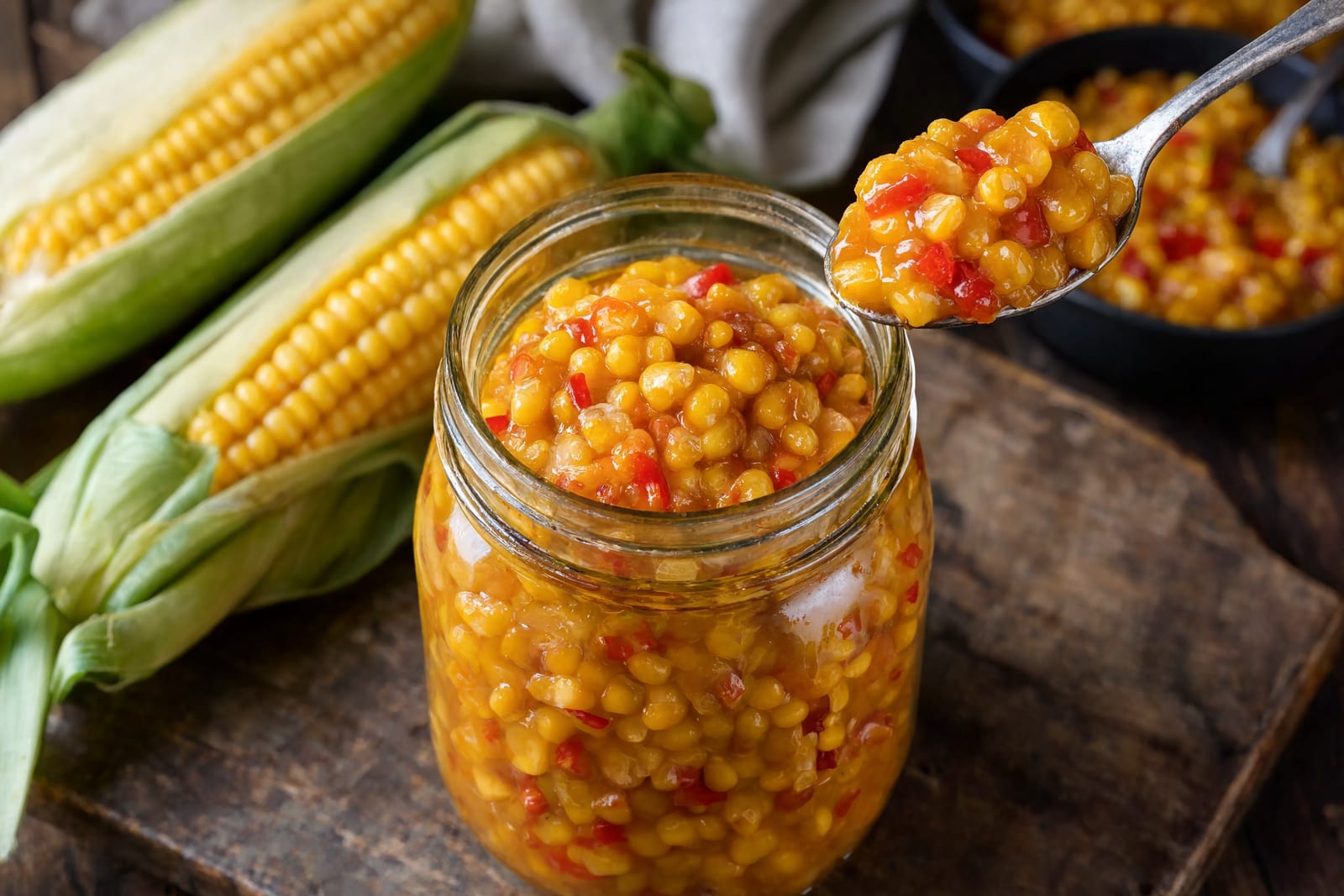 A jar of yellow corn relish with red pepper