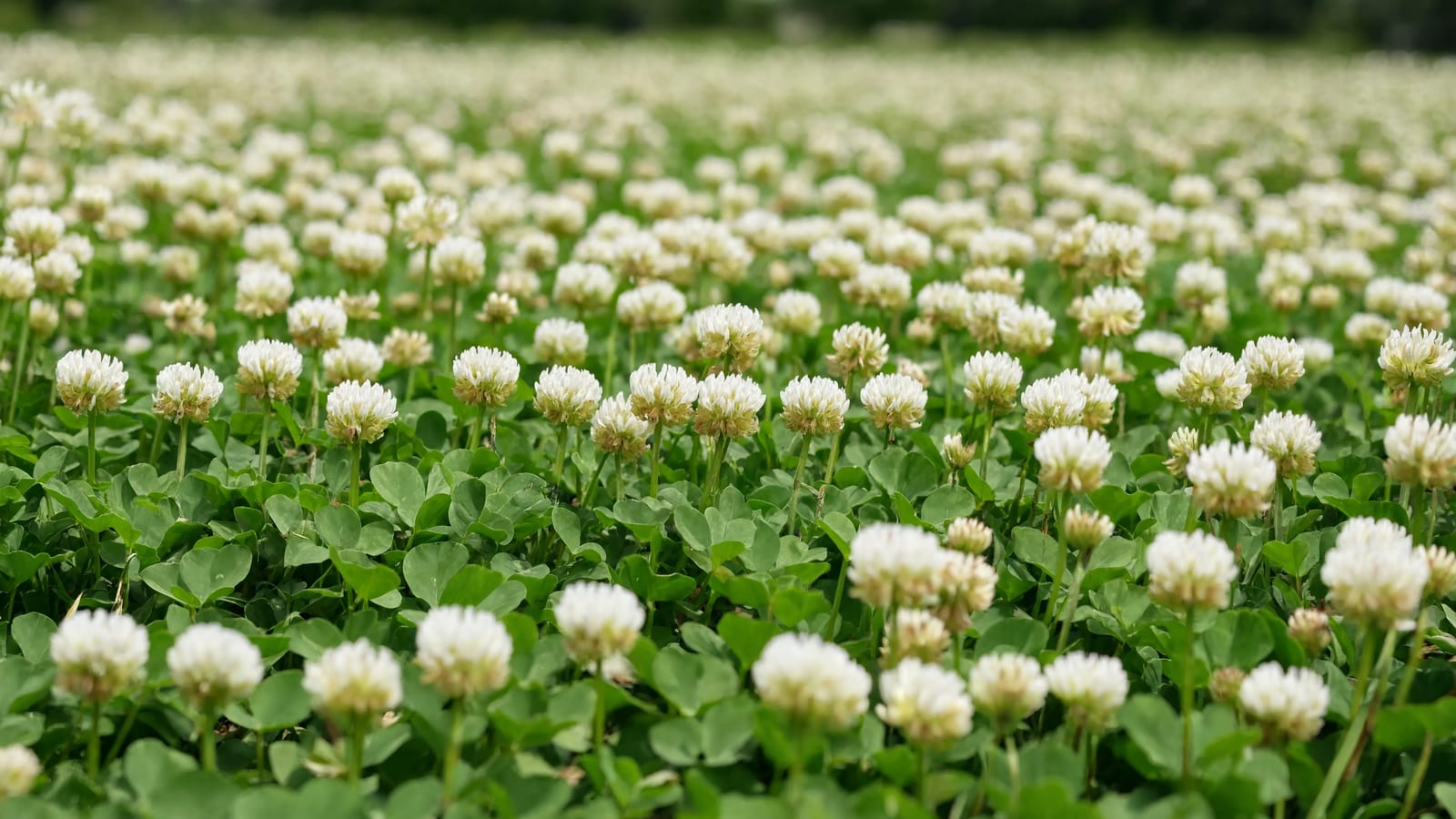 A green clover field with scattered white flowers