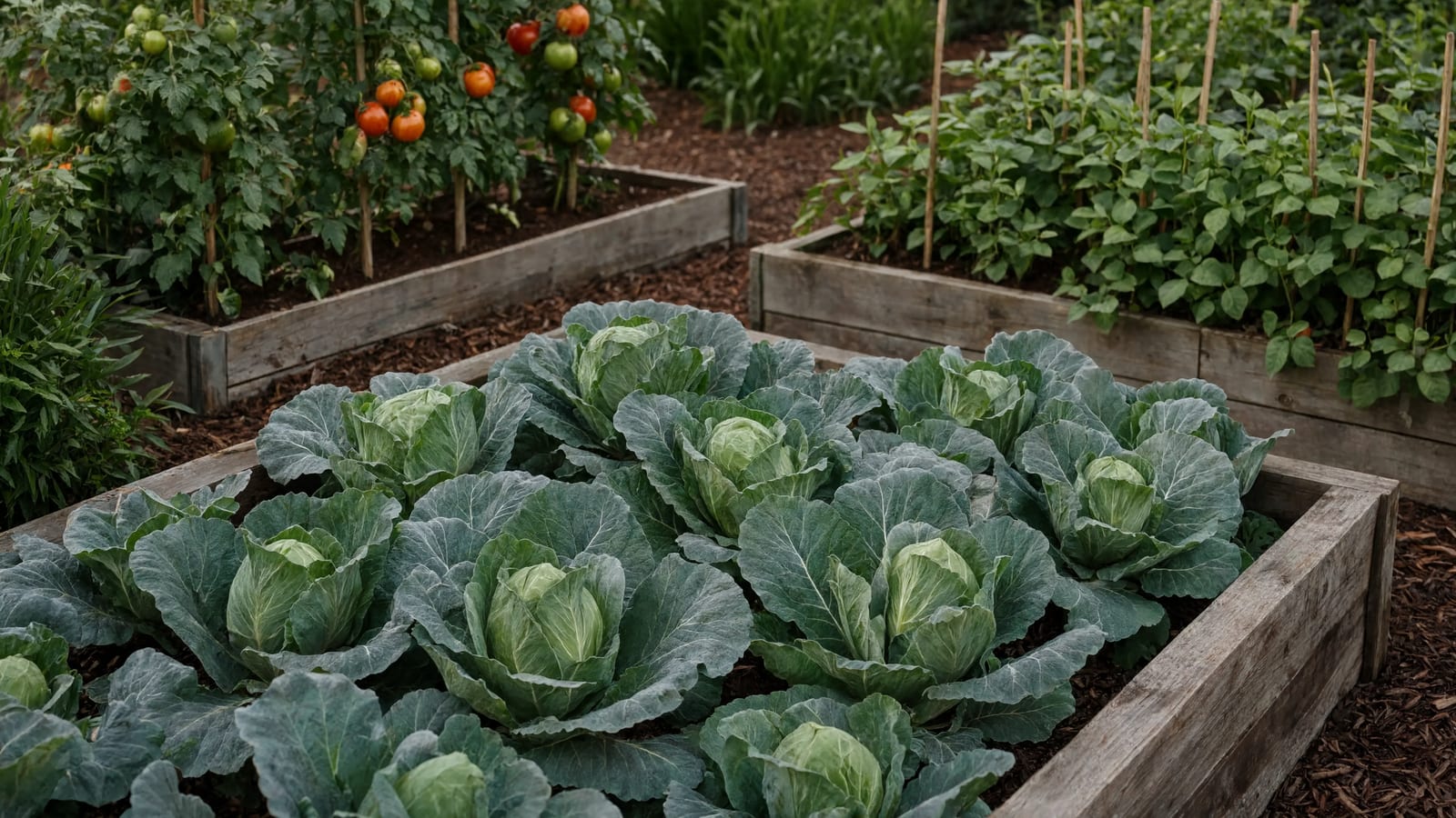 Rows of cabbage, tomatoes, and beans growing on a farm
