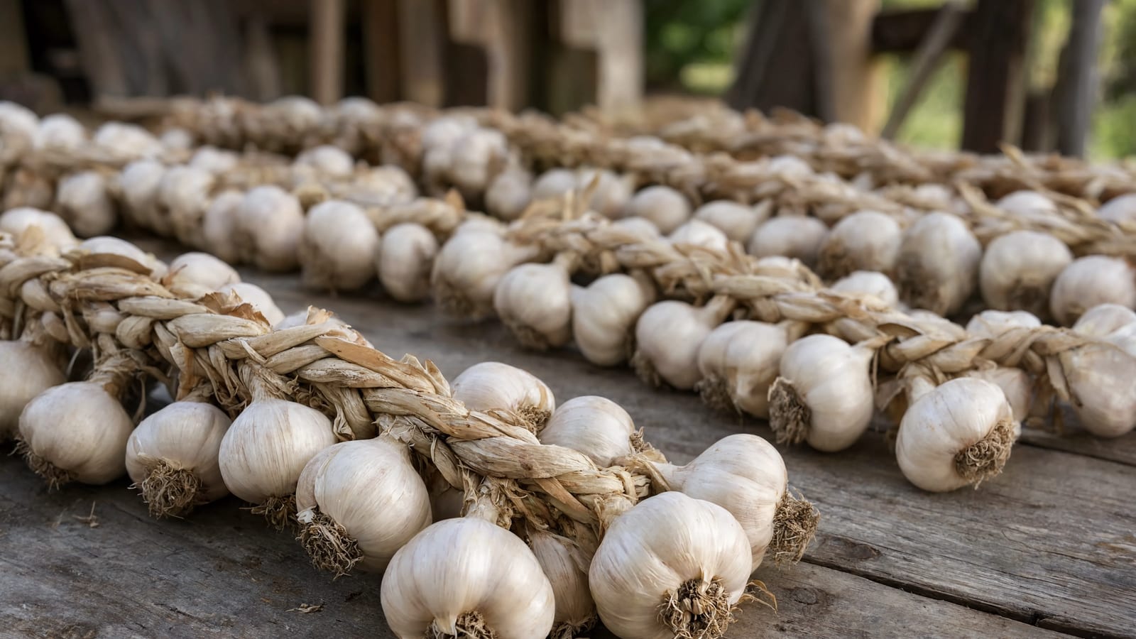 Freshly harvested garlic bulbs drying on a wooden surface