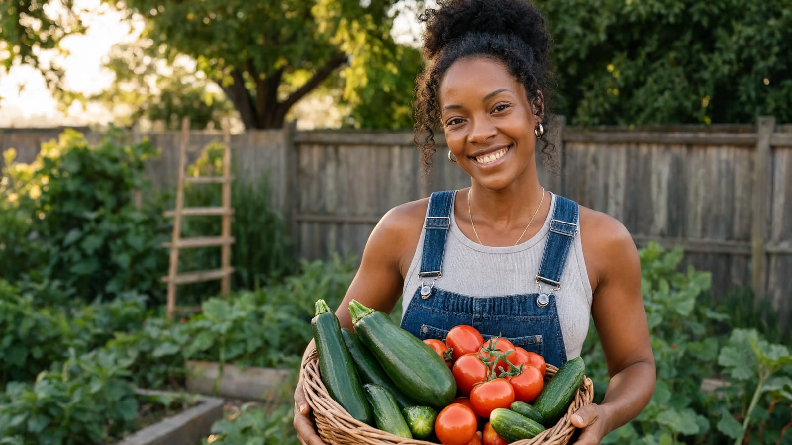 A smiling gardener carrying a basket of freshly picked zucchini, tomatoes, and cucumbers