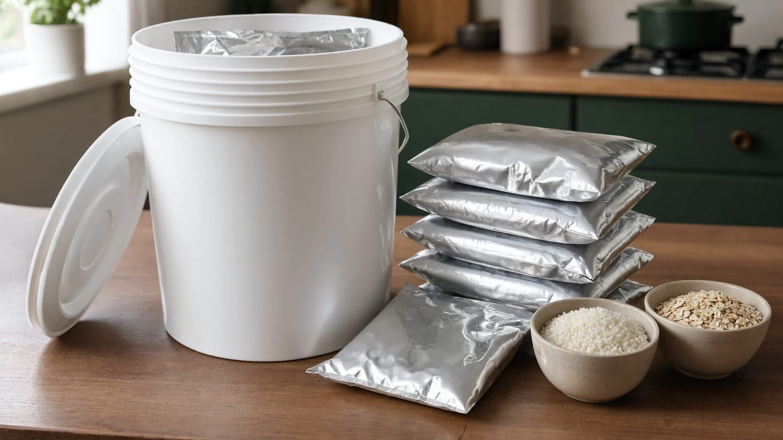 An open emergency food bucket with meal pouches and measured portions of rice and oats