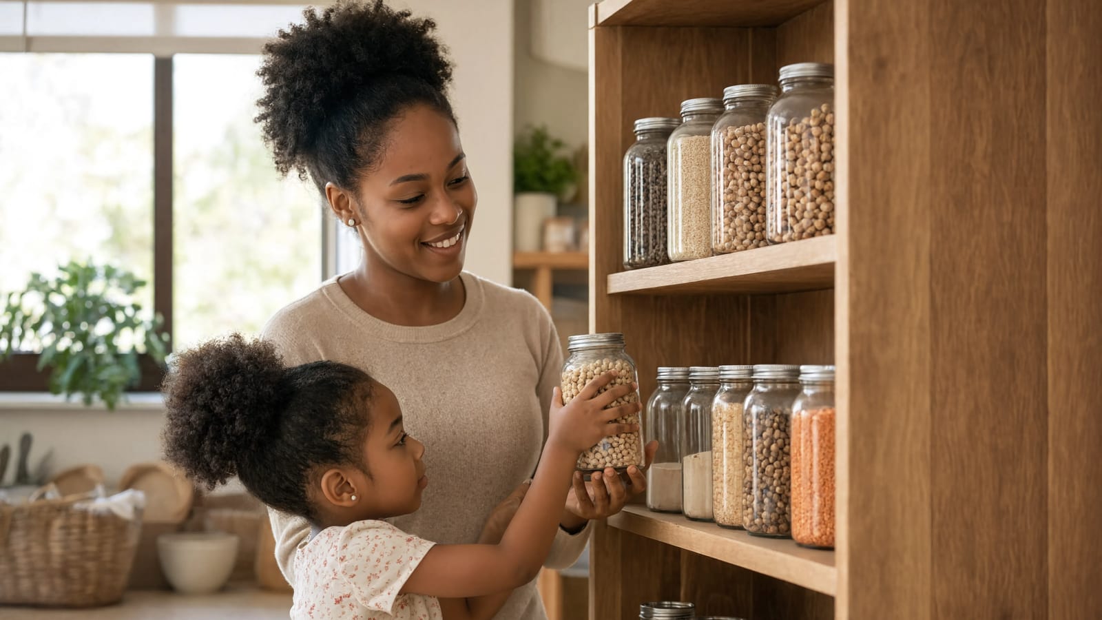 A mother and daughter organizing jars of dry food on pantry shelves