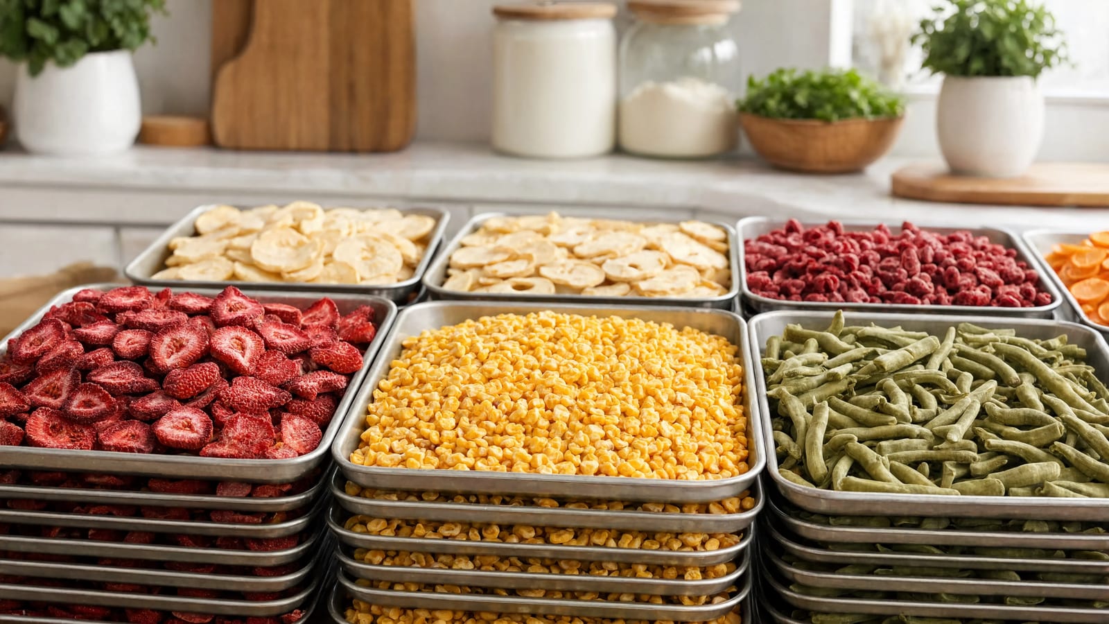 Trays of colorful freeze-dried food batches lined up on a counter