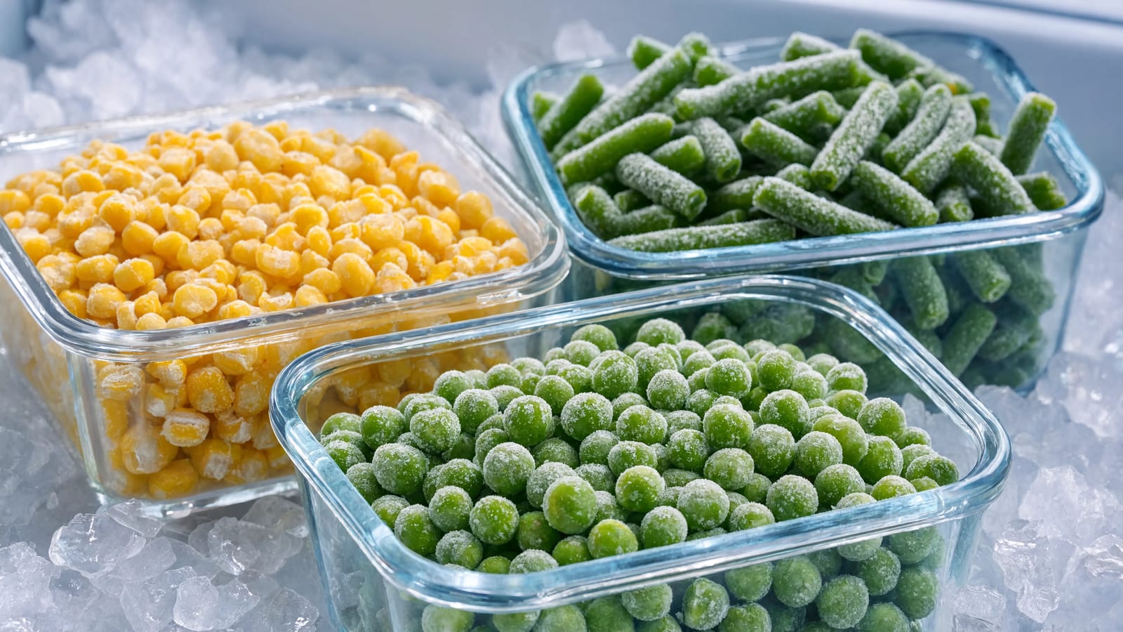 Frozen vegetables in ice showing food preservation