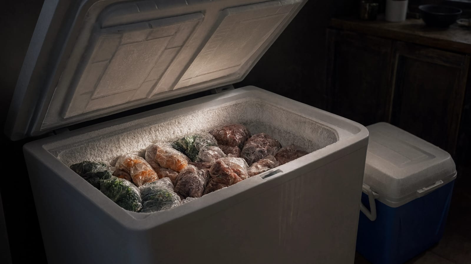 An open chest freezer lit by a flashlight with a cooler waiting beside it