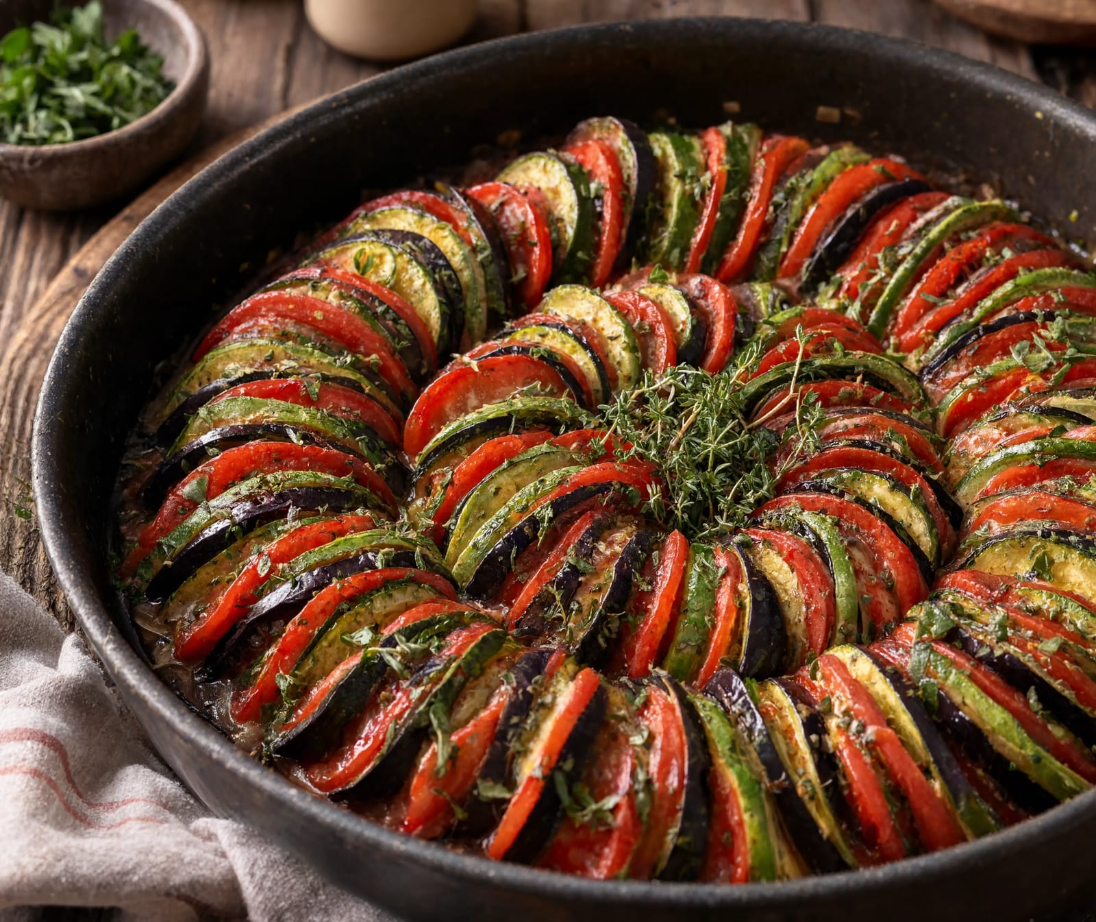 A pan of ratatouille with stewed zucchini, eggplant, peppers, and tomato