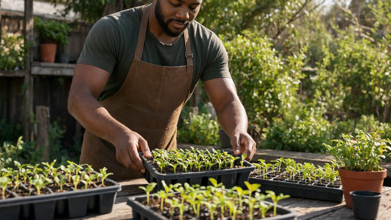 A gardener setting trays of young seedlings outside to harden off