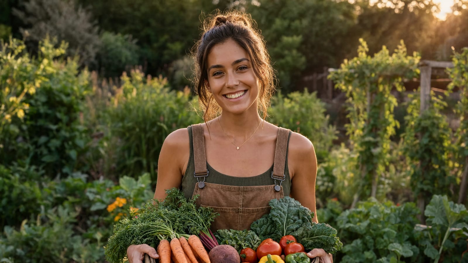 A gardener holding a basket of freshly picked vegetables