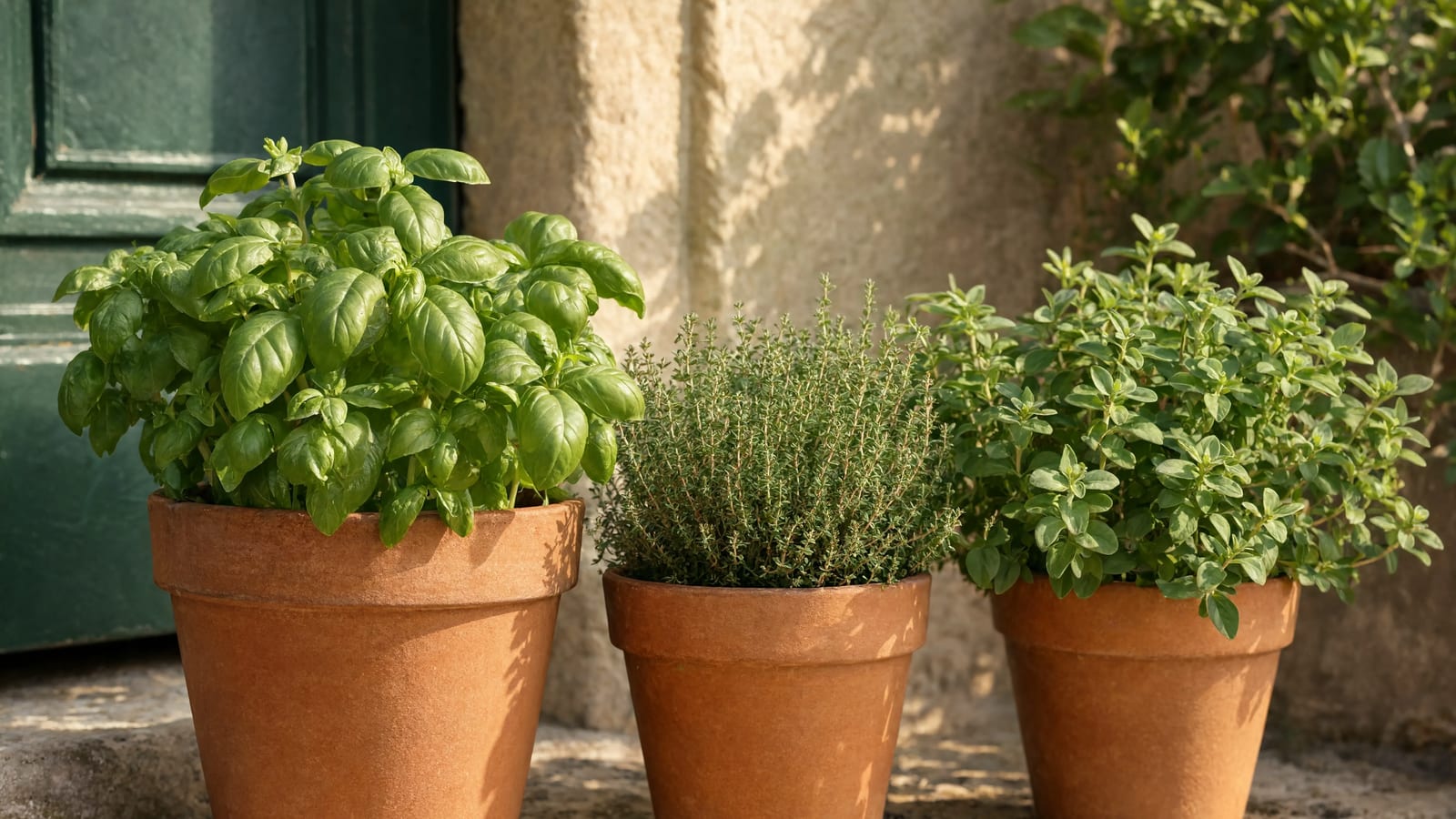 Basil, thyme, and oregano growing in separate terracotta pots on a sunny step