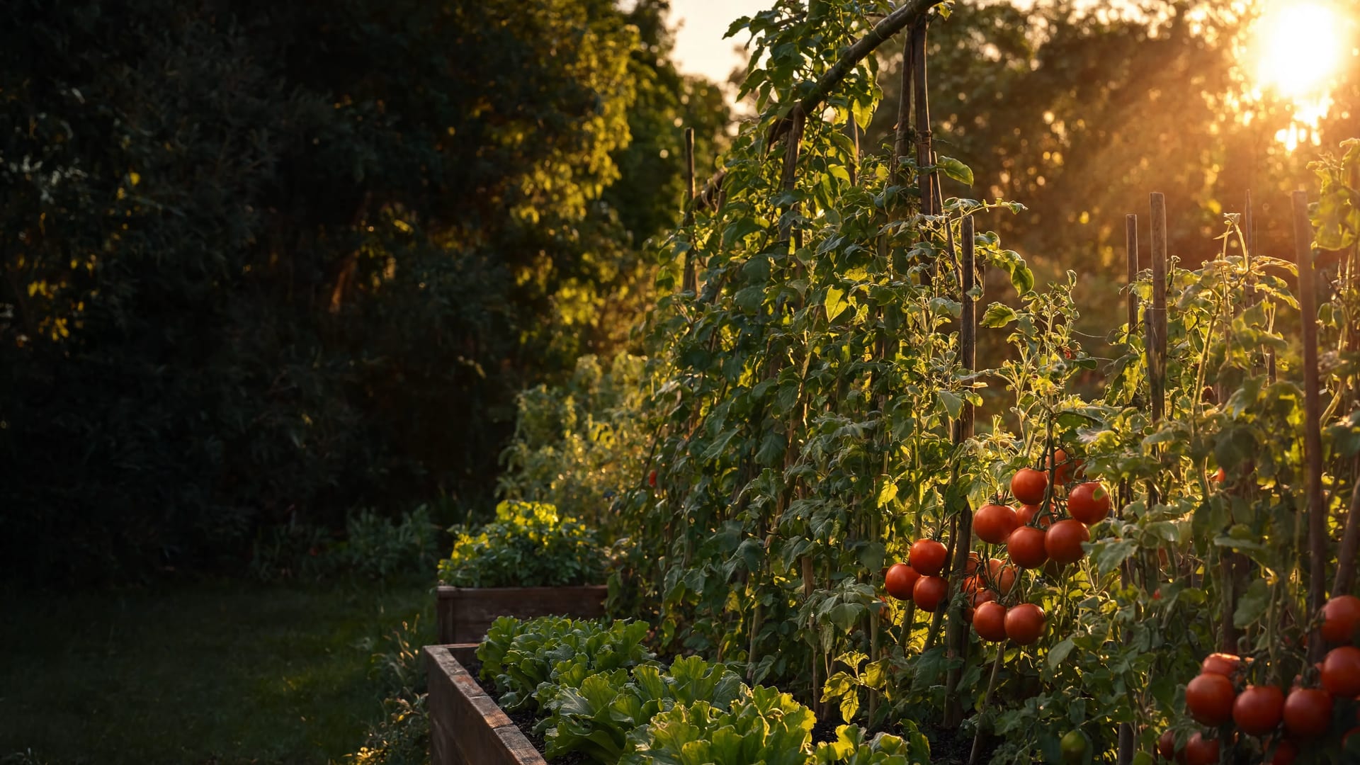 A backyard vegetable garden at golden hour: raised beds of staked tomatoes, lettuce, and climbing beans in warm low sun