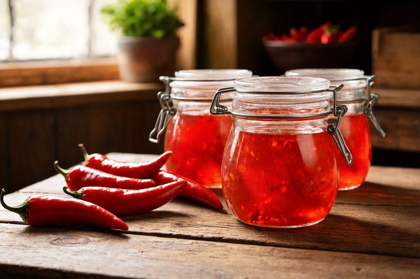 Jars of translucent red pepper jelly glowing in window light