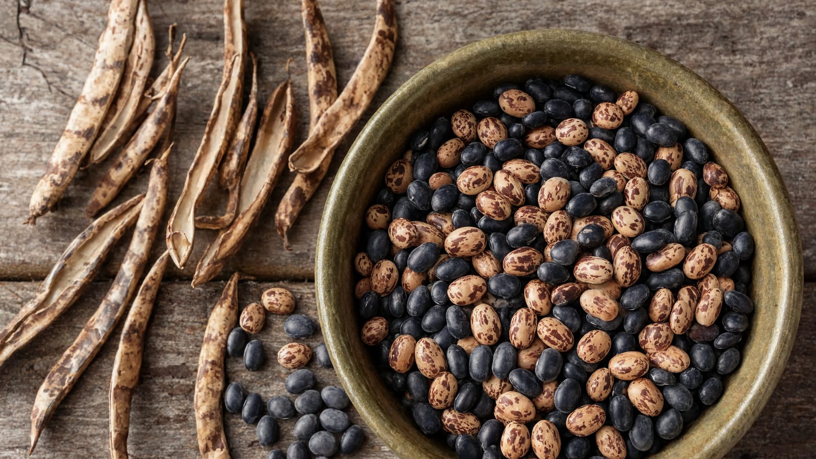 Dried pinto and black beans shelled into a bowl beside a handful of dry pods