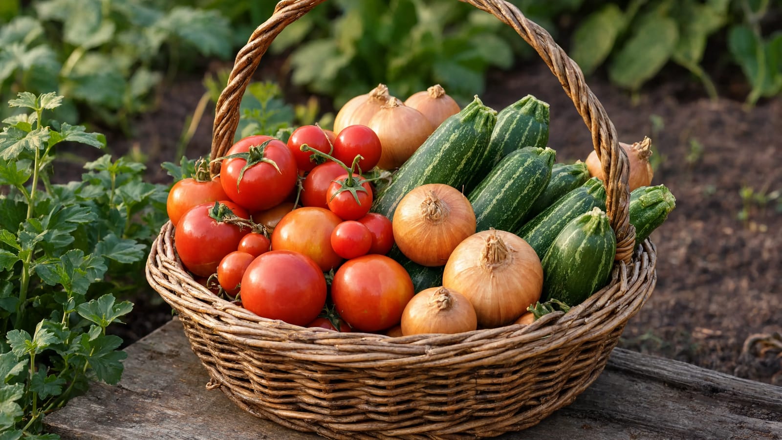 A basket filled with fresh tomatoes, onions, and zucchini