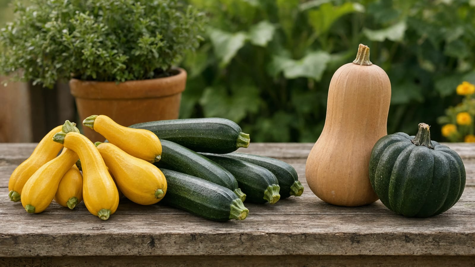 A harvest of yellow summer squash and zucchini next to acorn and spaghetti squash
