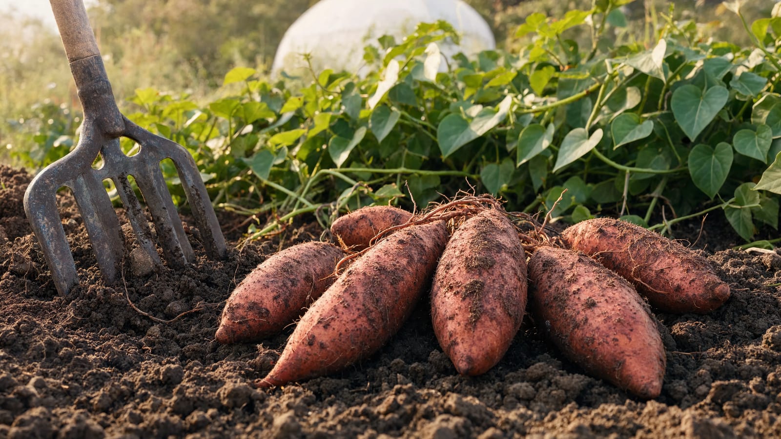 Freshly dug sweet potatoes piled on the soil next to the fork used to lift them