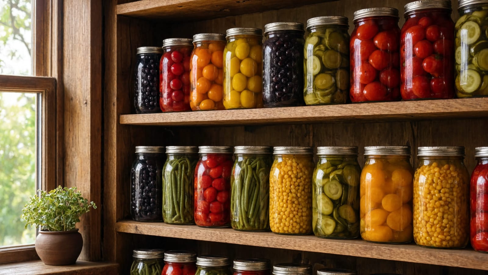 Shelves of home-canned fruits and vegetables in jars