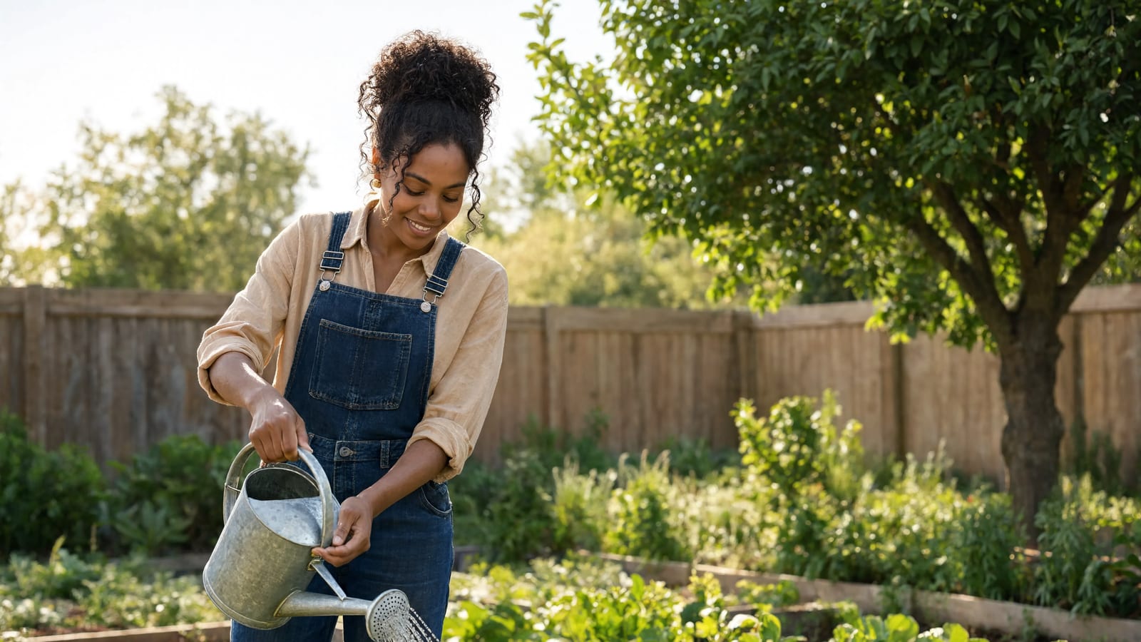 A gardener watering a backyard vegetable garden on a sunny day
