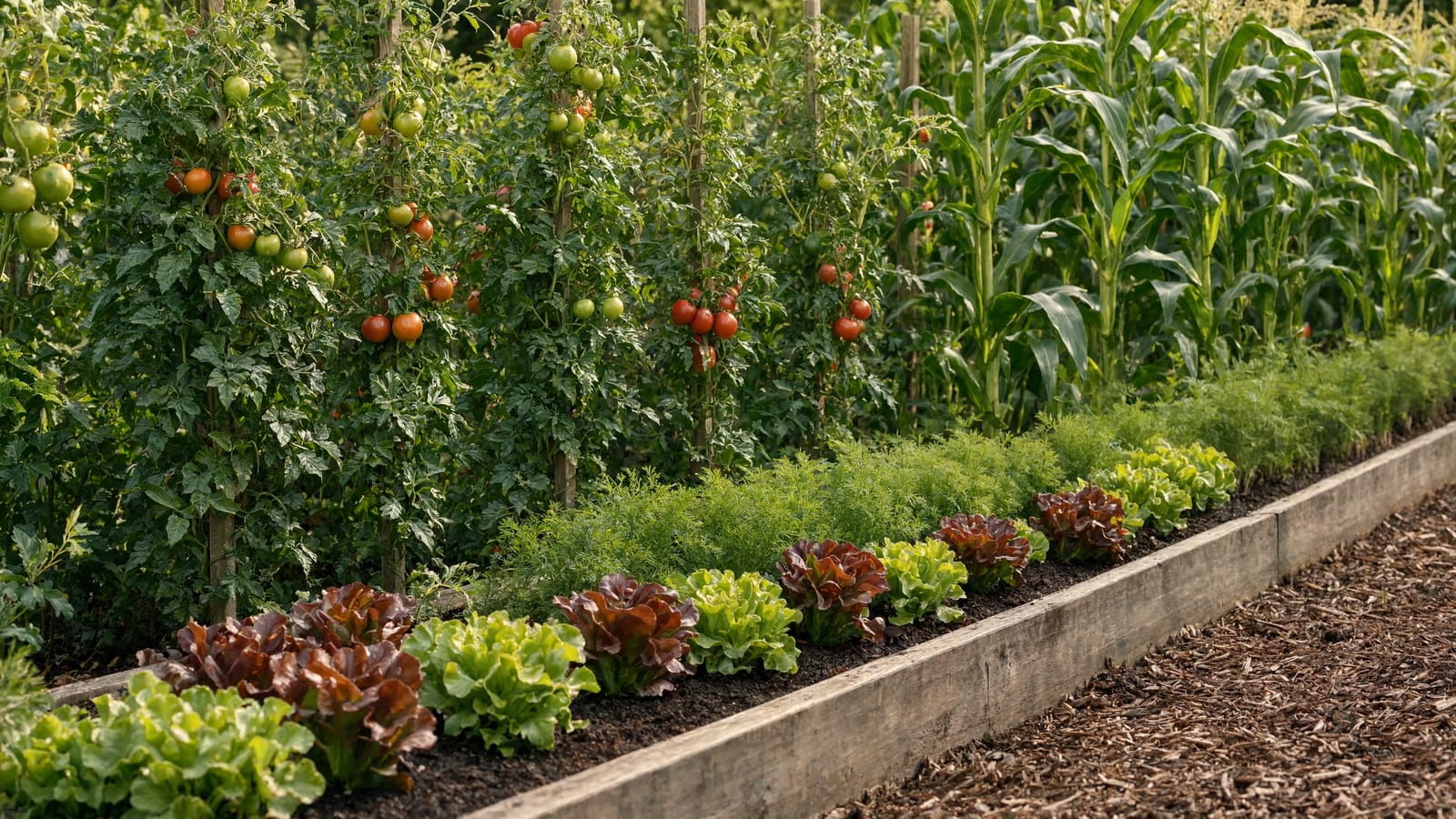 A garden bed in midsummer with staked tomatoes towering over a low row of lettuce