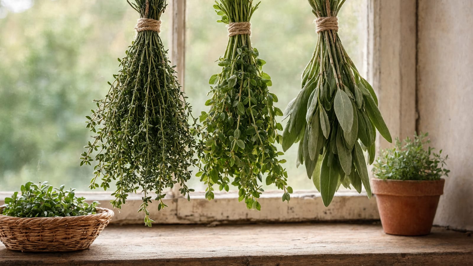 Fresh herbs growing in rustic garden planters with labels
