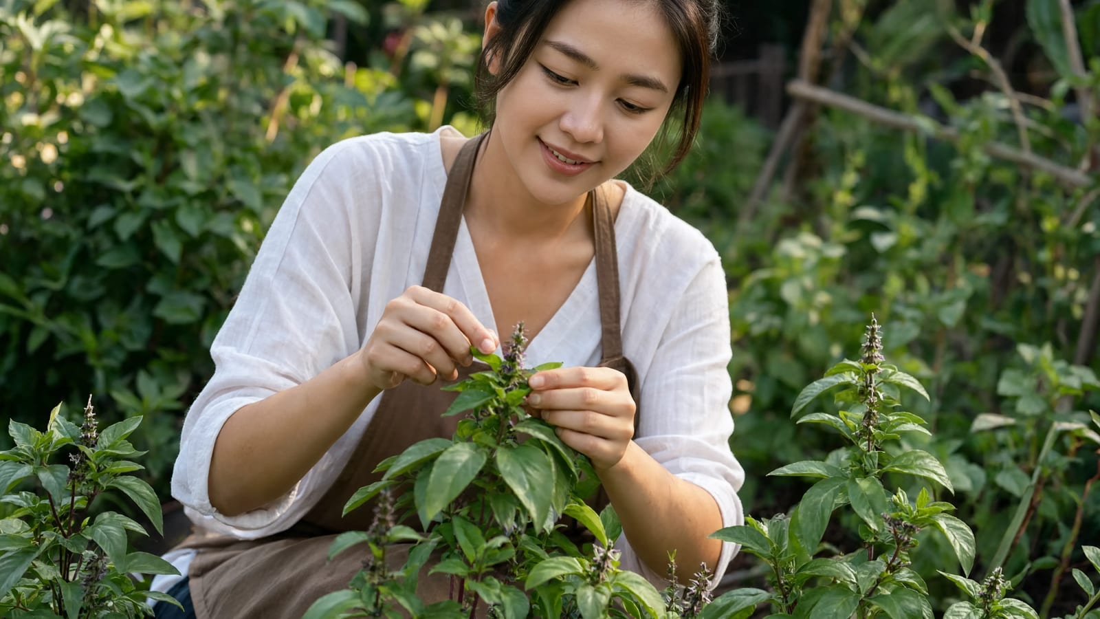 A gardener pinching back fresh basil in a sunny herb garden