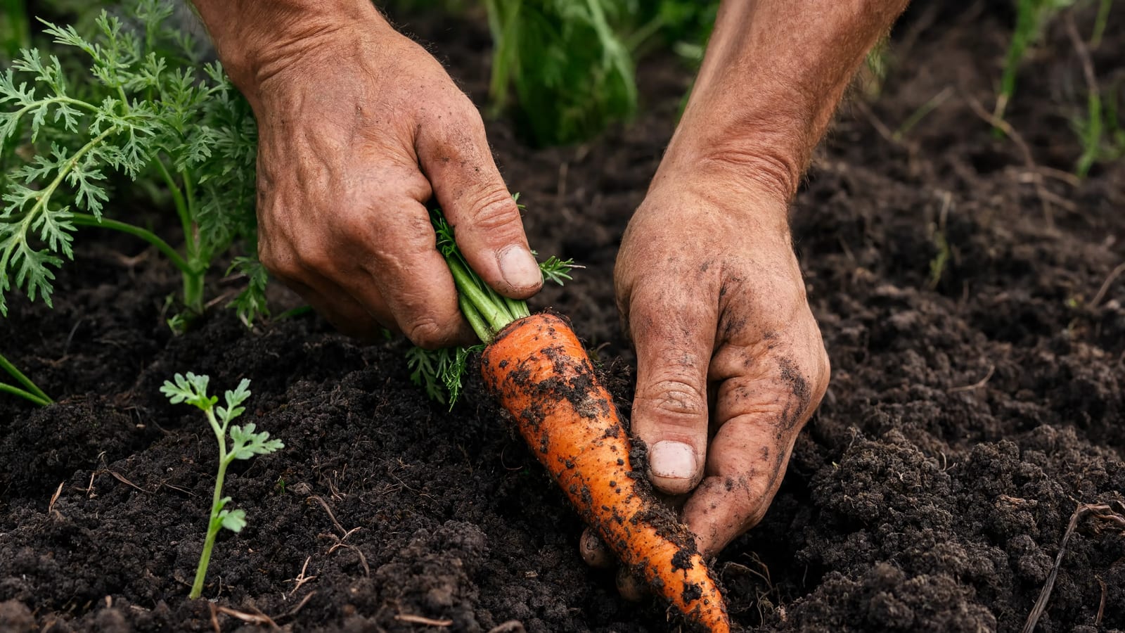 A healthy carrot being pulled from loose garden soil