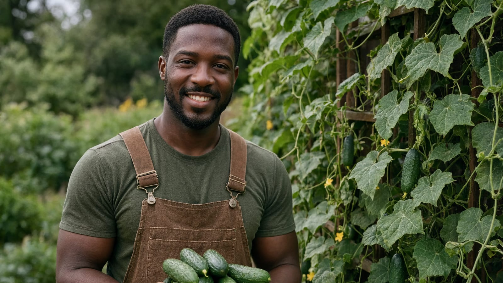 Fresh garden cucumbers held in a gardener's hands