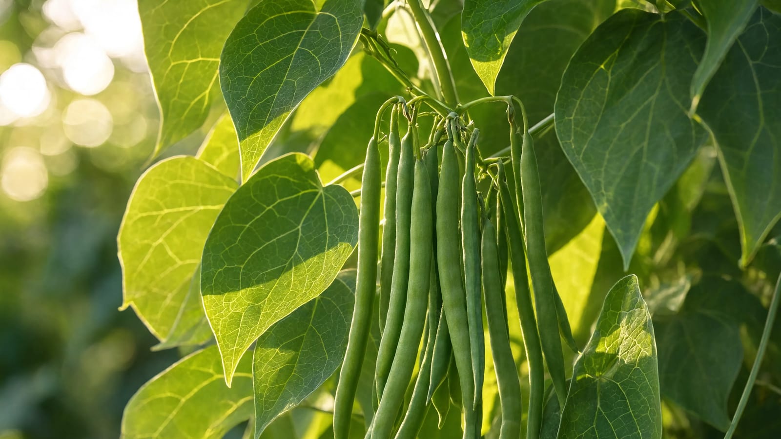 Green bean pods growing on a healthy plant