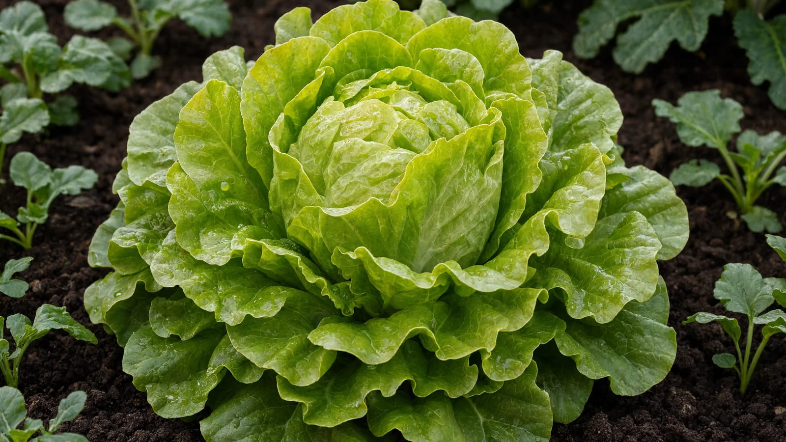 A head of lettuce growing in the vegetable garden