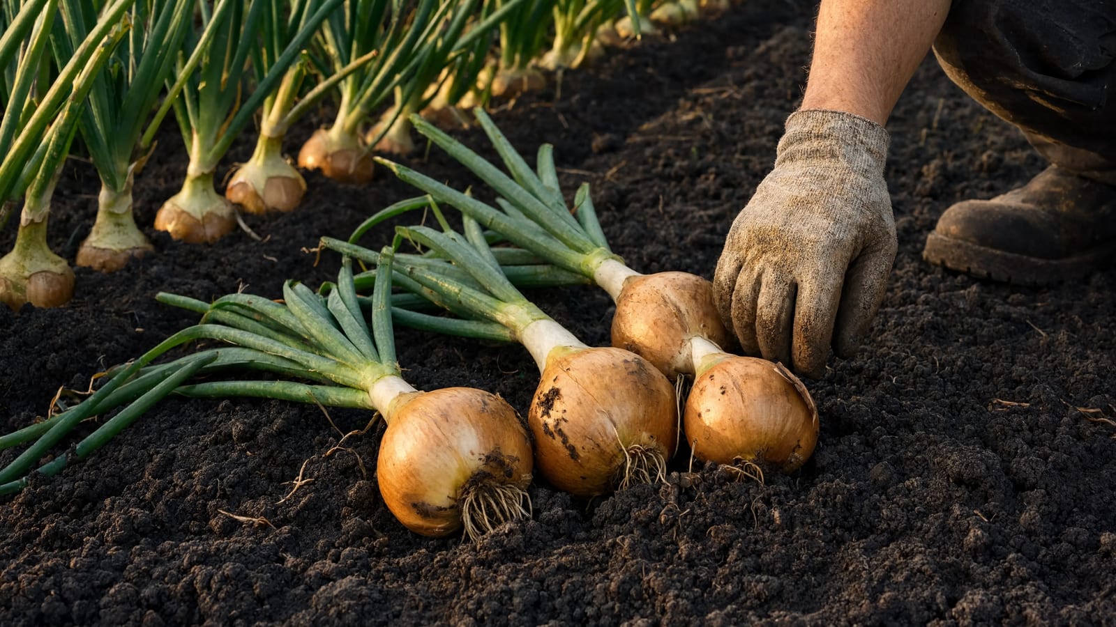 Freshly pulled yellow onions with green tops resting on garden soil beside a growing row