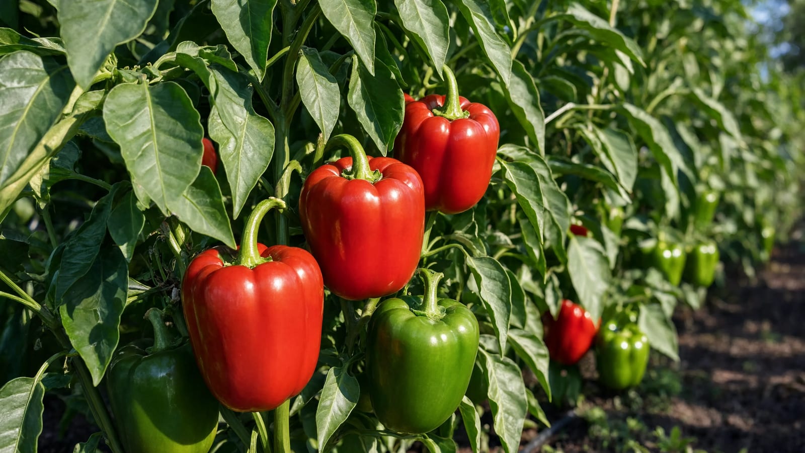 Bright green and red peppers growing on pepper plants