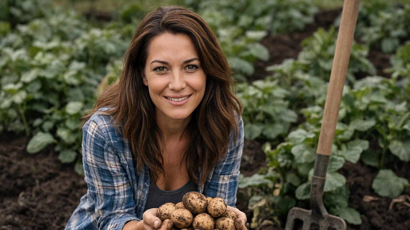 A farmer holding freshly dug potatoes