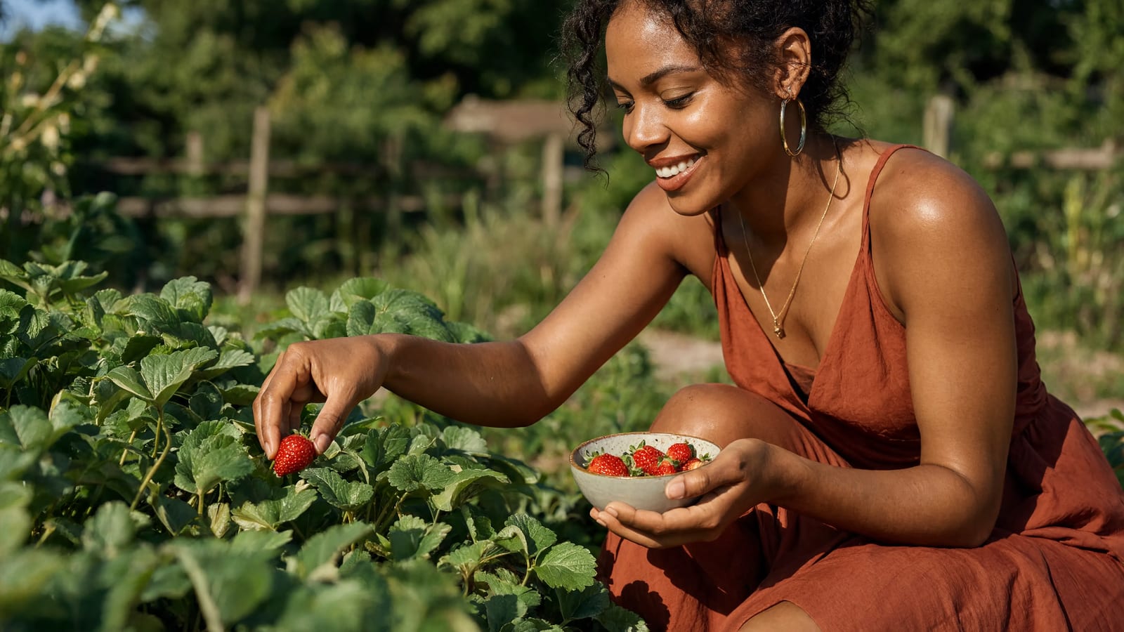 A gardener picking ripe strawberries into a small bowl