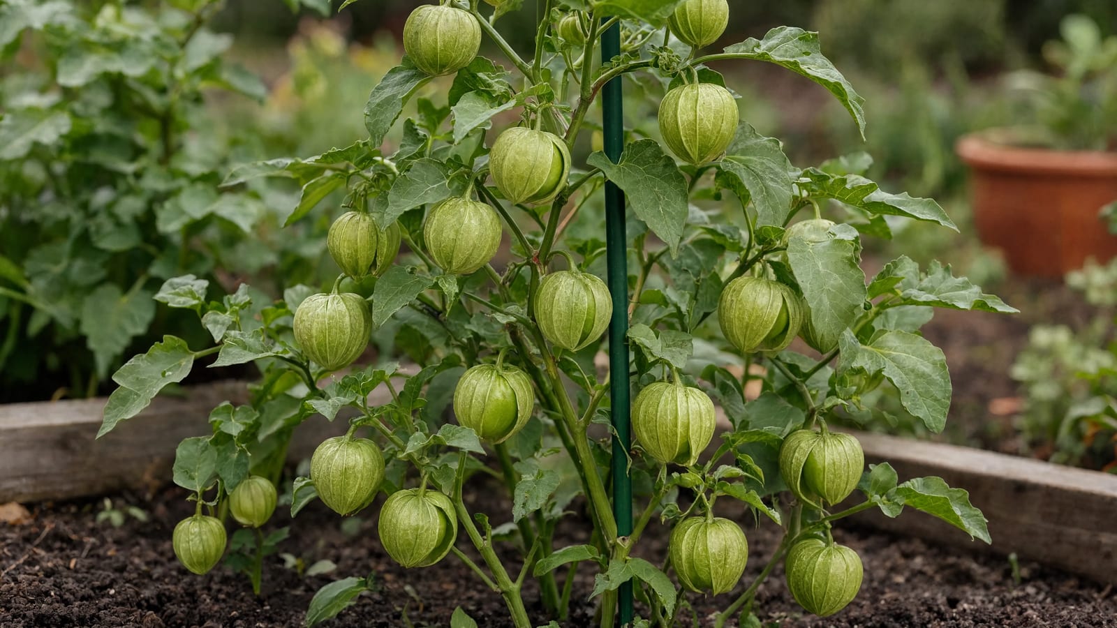 Green tomatillos splitting their papery husks on a sprawling plant staked in a garden bed
