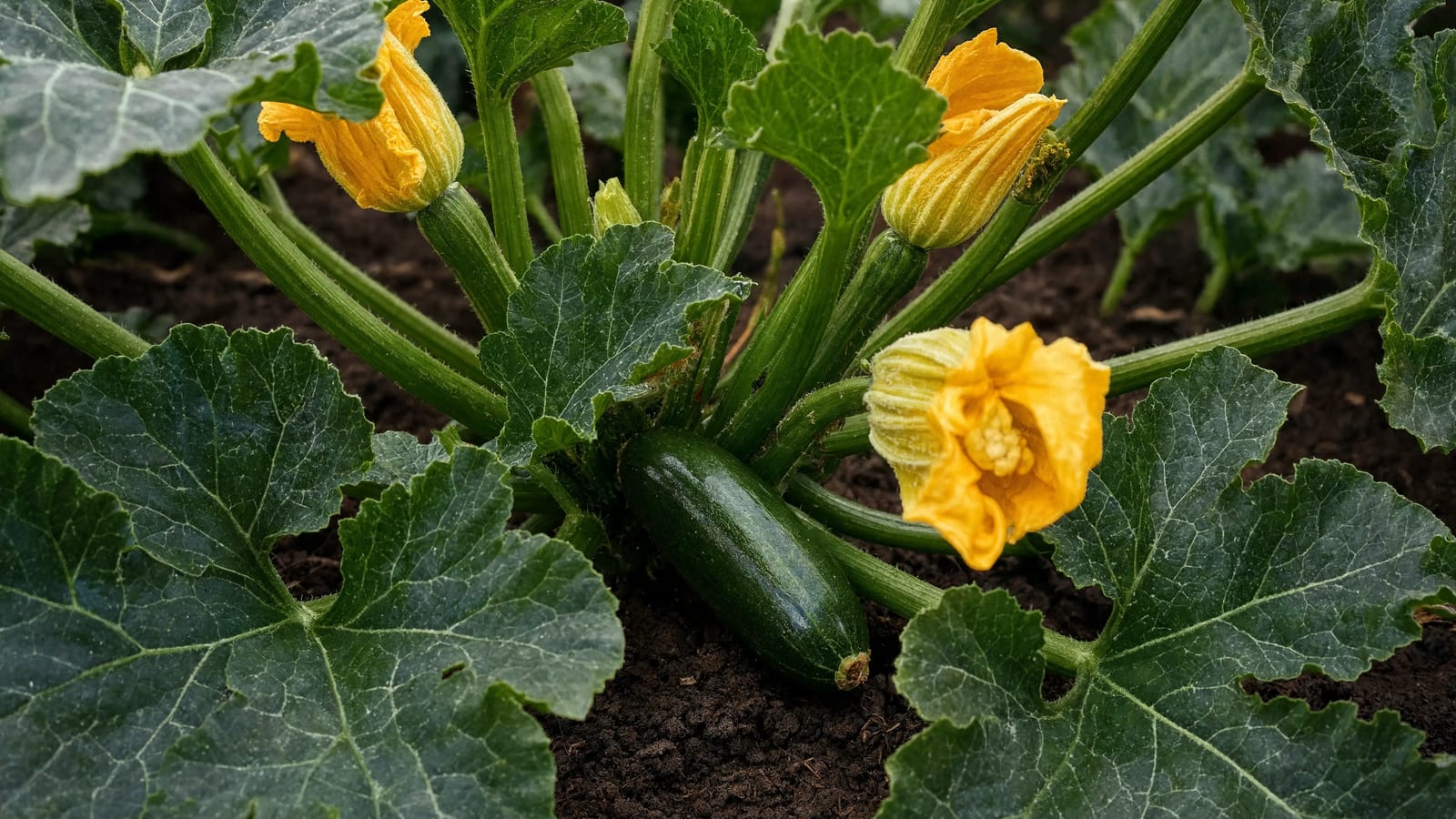 A healthy zucchini plant with yellow blossoms in the soil