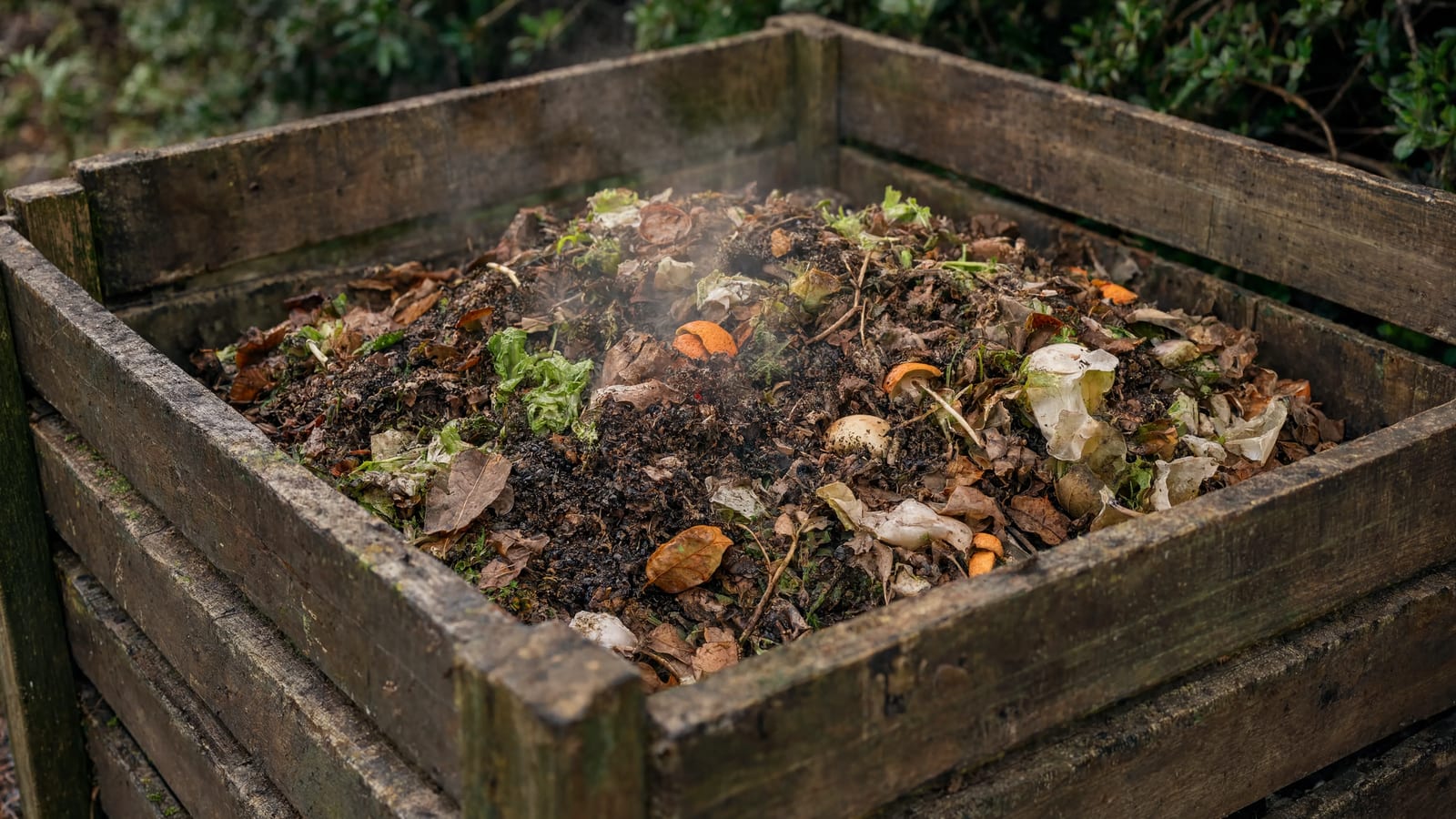 A wooden compost bin filled with organic waste and garden scraps