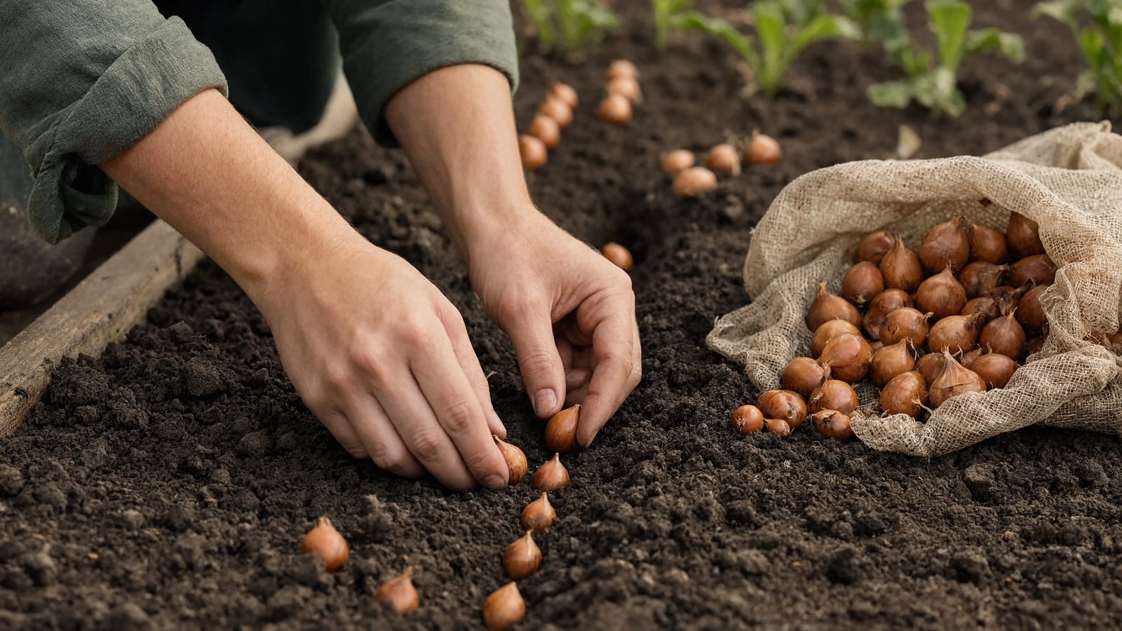 Hands pressing small onion sets pointy end up into a shallow furrow of dark garden soil