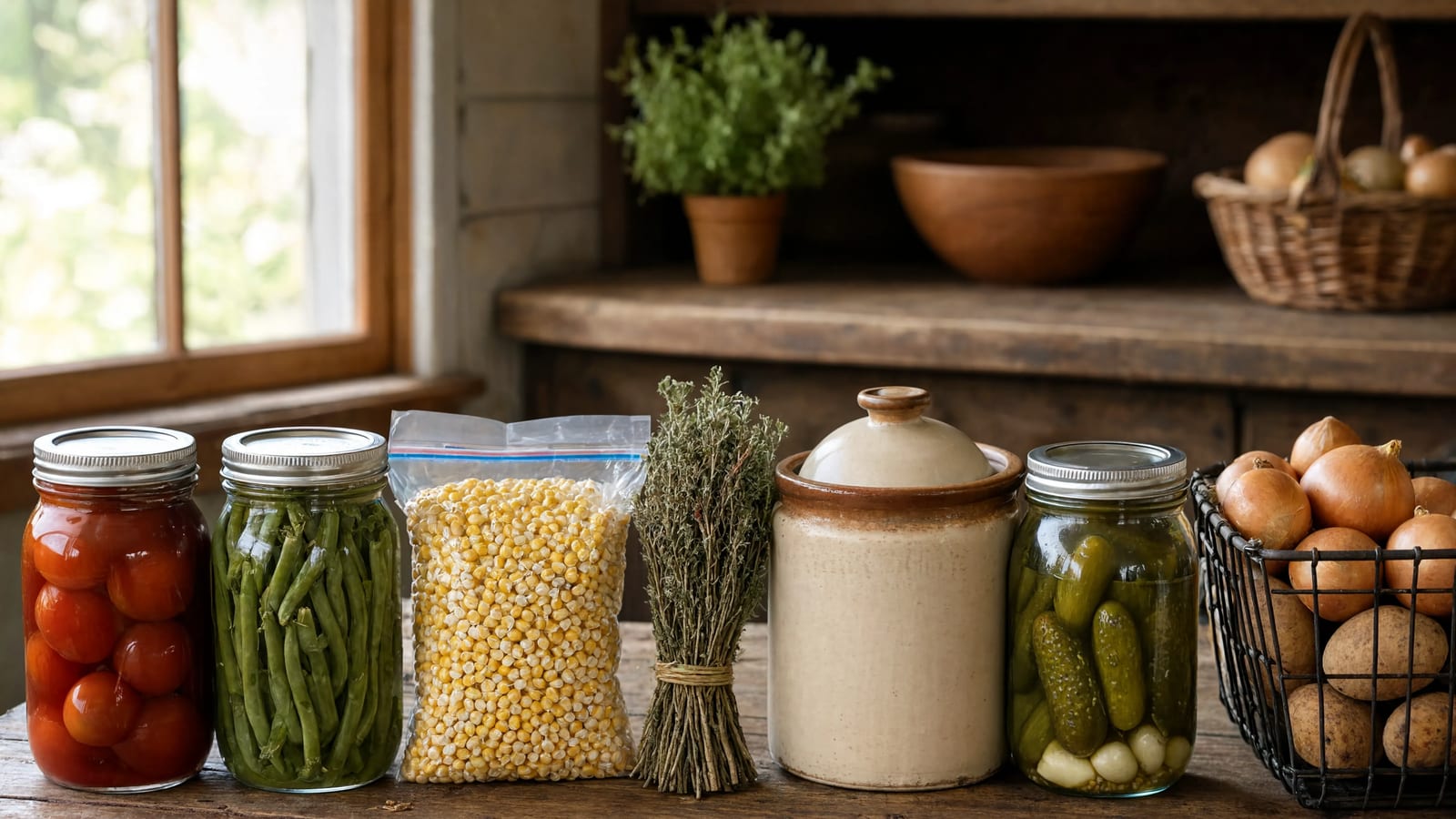 Six vegetable preservation methods side by side: canned jars, frozen bags, dried herbs, a fermentation crock, pickles, and storage crops