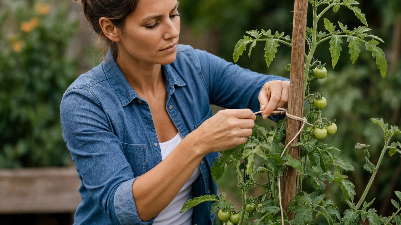 A gardener tying a tomato plant to a wooden stake with twine