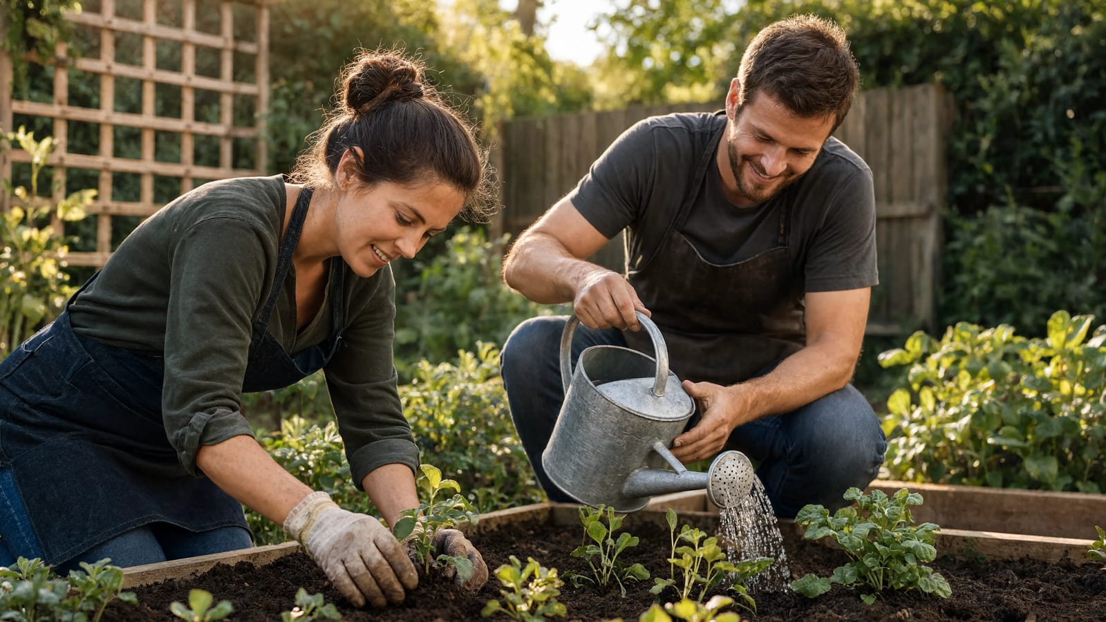 Two gardeners tending vegetables in a backyard raised bed