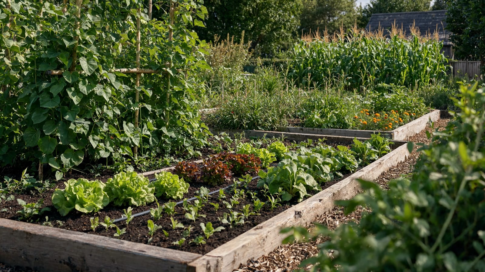 A large productive garden with trellised crops in the sun