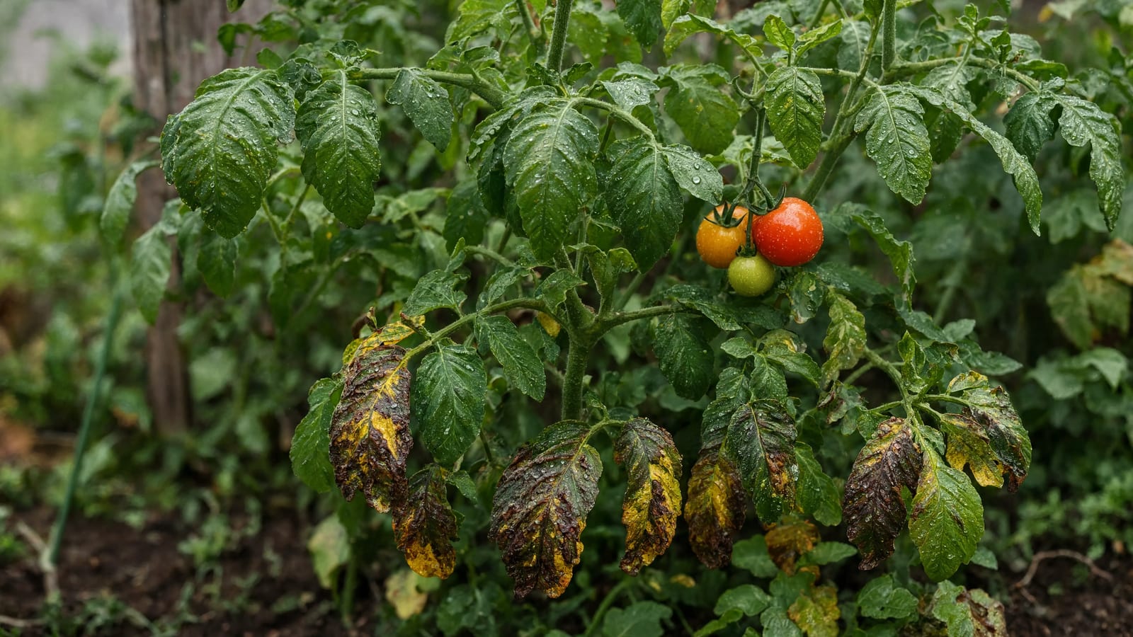 A tomato plant with brown and yellowing blighted leaves low on the stem while the upper plant stays green and carries ripening fruit