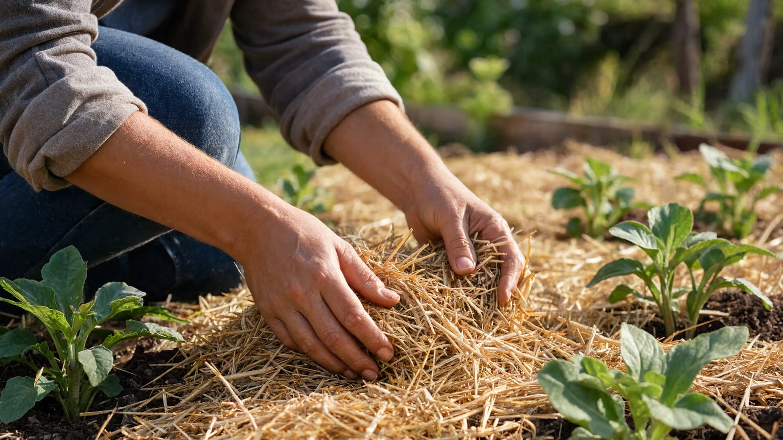 Hands spreading mulch around plants in a sunny garden