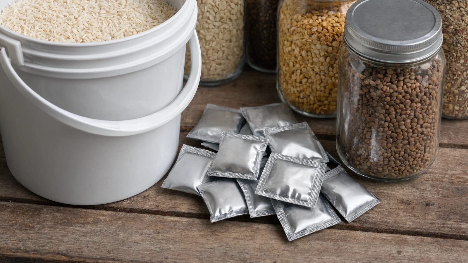 Oxygen absorber sachets beside an open bucket of rice and sealed jars