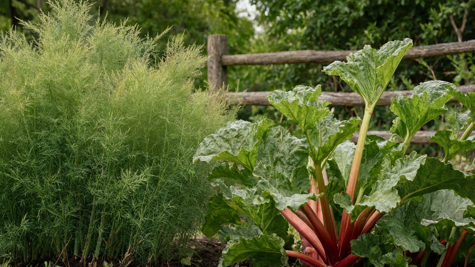 An established asparagus bed with ferned-out stalks beside a mature rhubarb crown