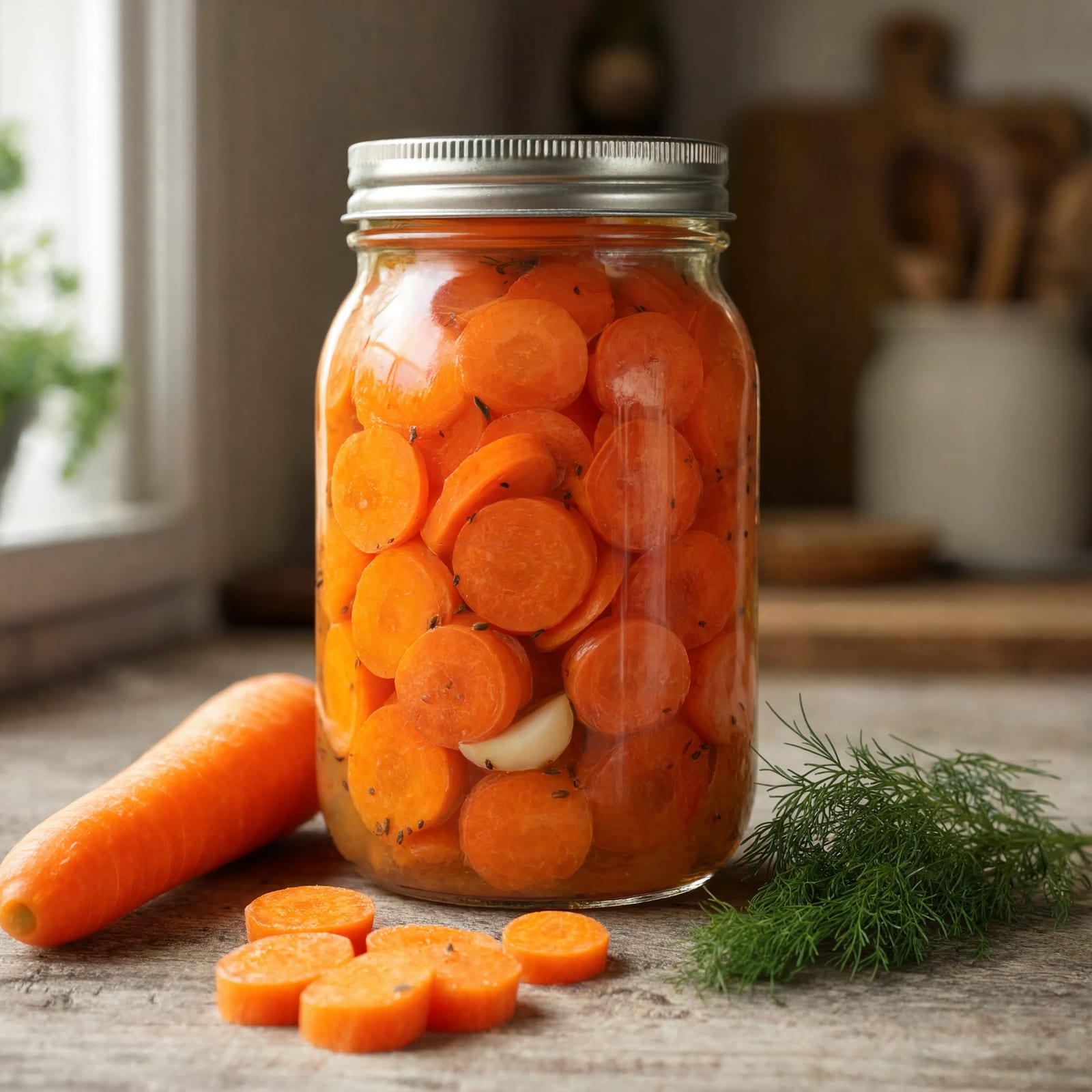 A jar of home-pickled carrot rounds in brine with a garlic clove and dill