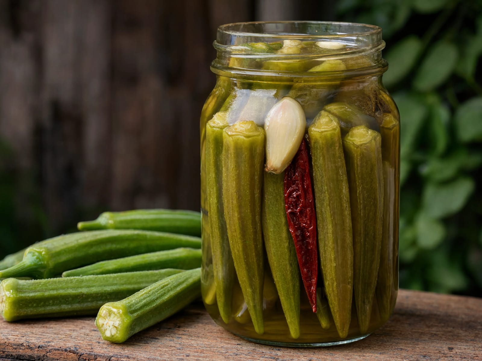 Whole pickled okra pods in brine